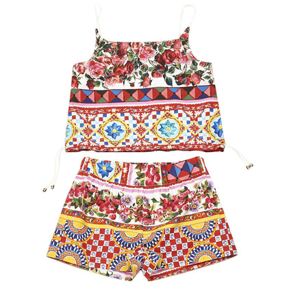Girls Red Flower Printed Trims Top & Short Set