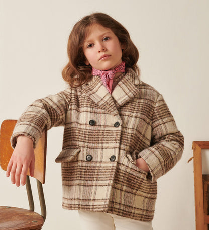 女童米色格子羊毛外套
