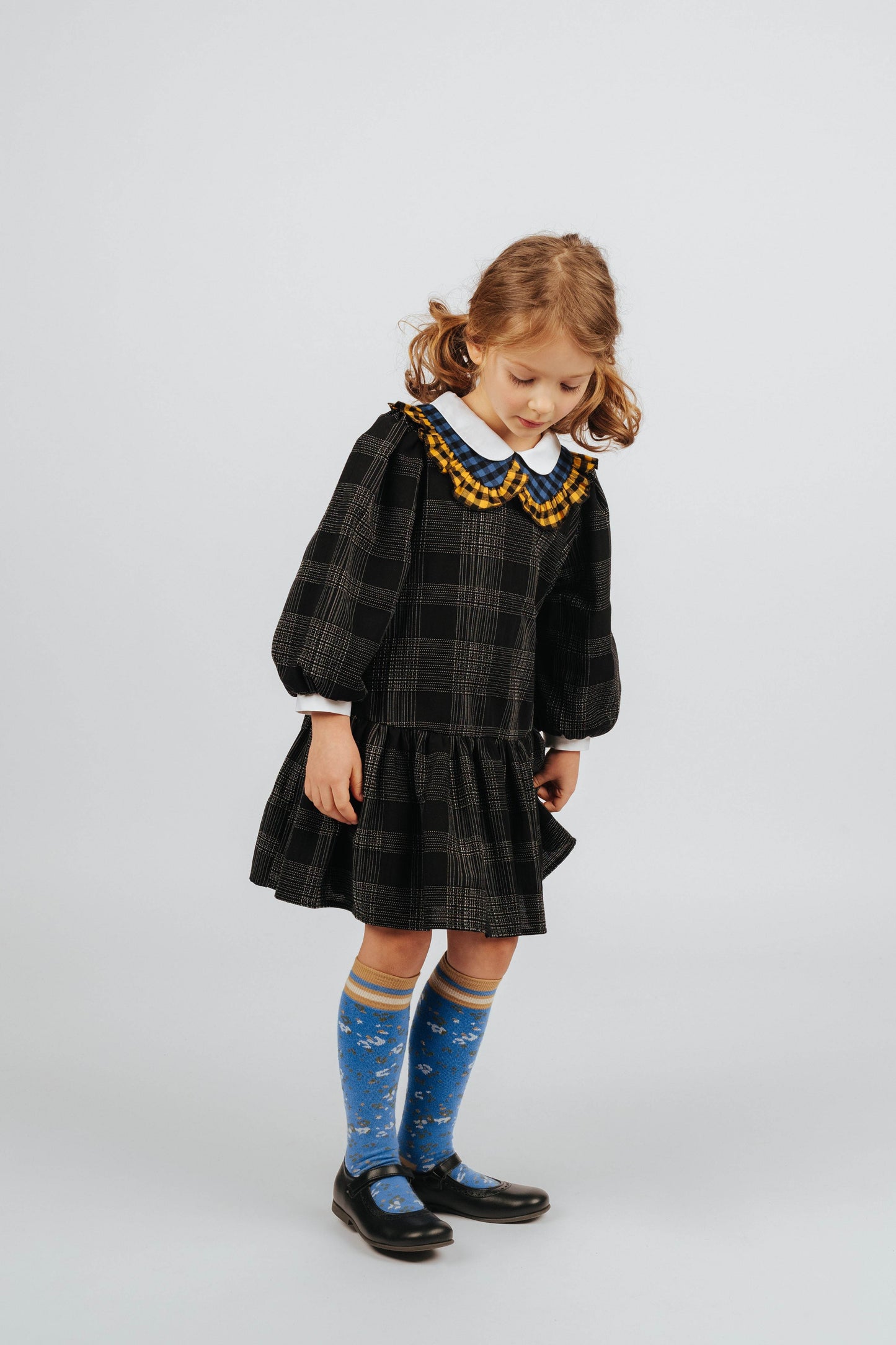 女童黑色格子棉连衣裙