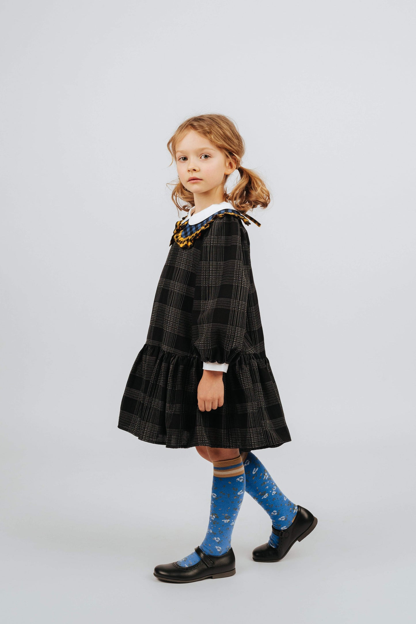 女童黑色格子棉连衣裙