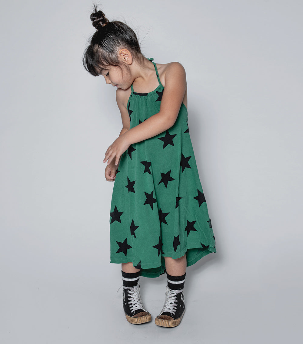 女童绿色星星棉连衣裙