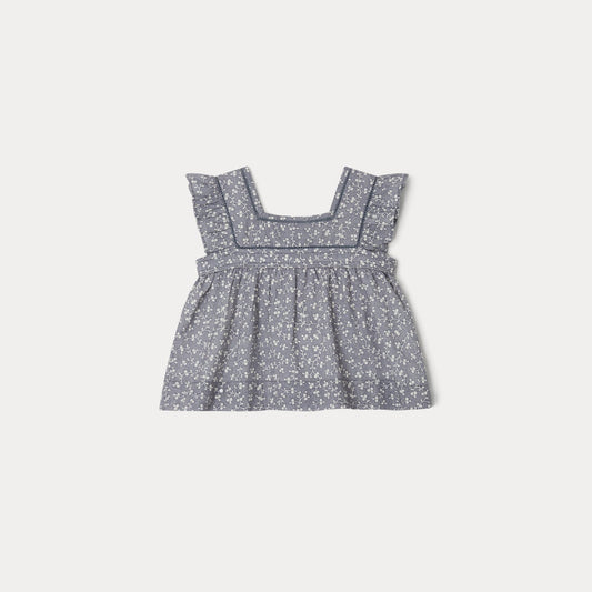 女婴蓝灰色碎花棉上衣