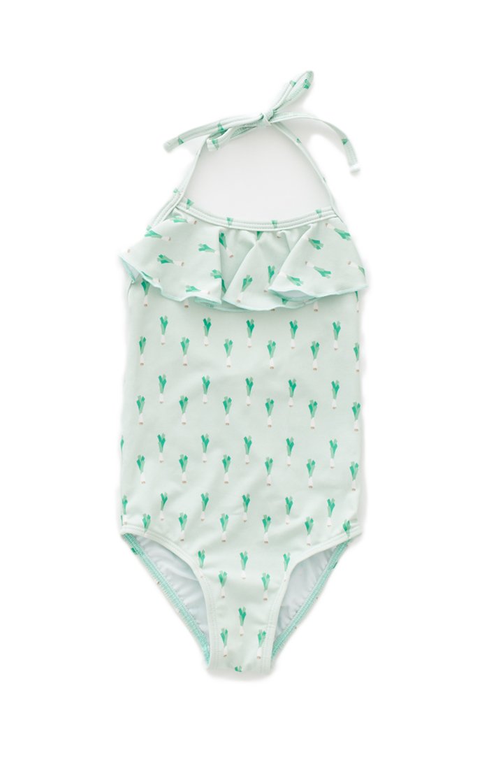 Girls Mint Green Leek Print Ruffle Halter Swimsuit