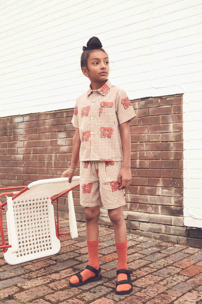 儿童焦糖色格子棉短裤