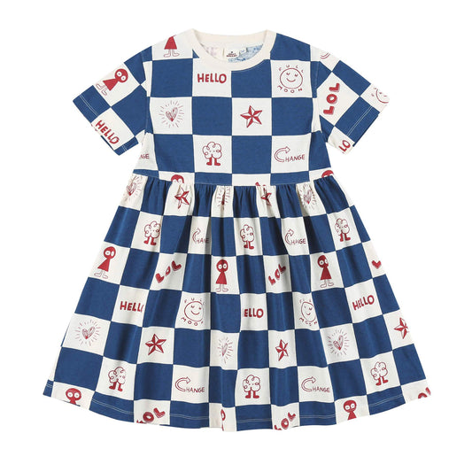 Girls Blue Square Cotton Dress