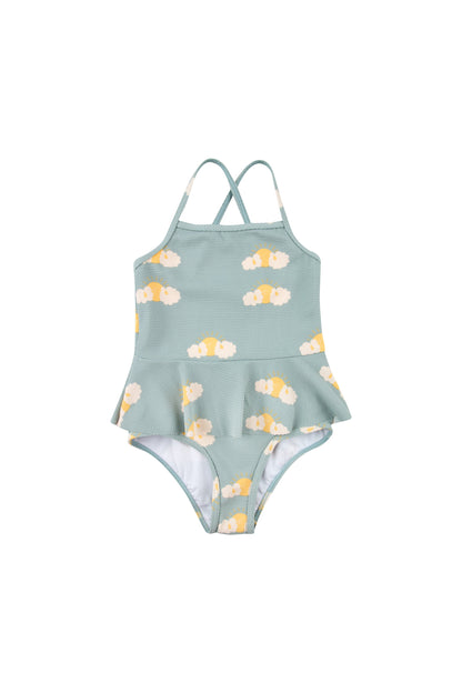 女童海绿色&黄色花朵印花泳装