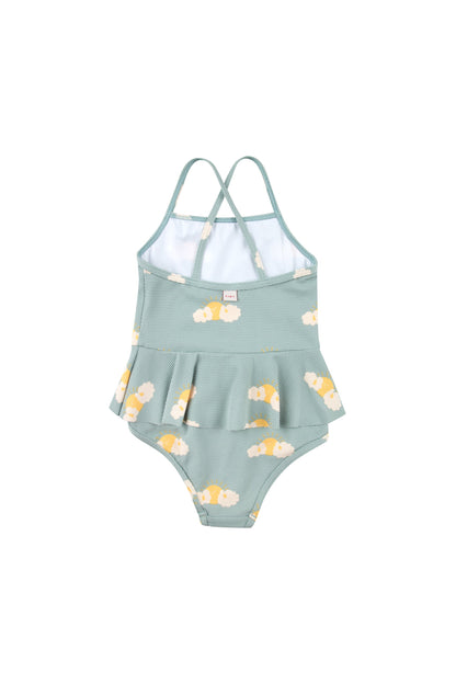 女童海绿色&黄色花朵印花泳装