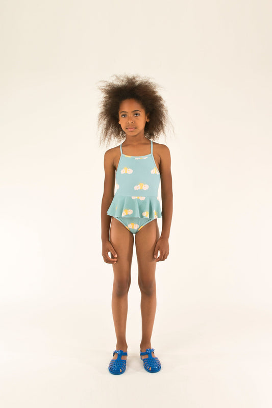 女童海绿色&黄色花朵印花泳装