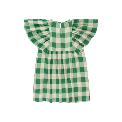 女童绿色格子棉连衣裙