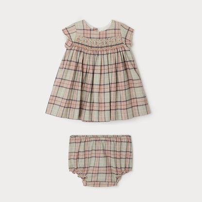 女婴粉色格子连衣裙套装