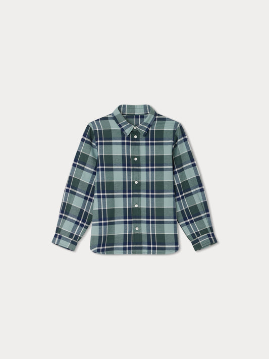 男童绿色格子棉衬衫