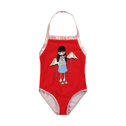 Girls Red Printing Swimsuit