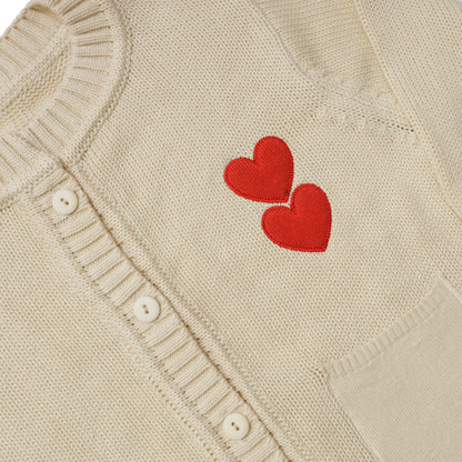 Girls Cream White Heart Cotton Cardigan