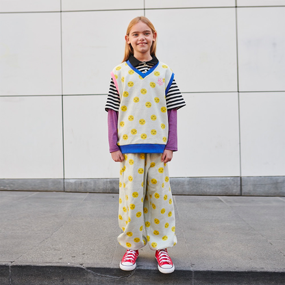 儿童米色印花棉长裤