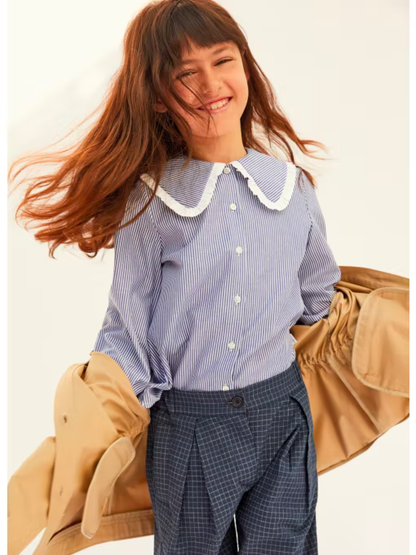 女童蓝色条纹棉衬衫