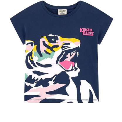 Girls Navy Tiger Cotton T-Shirt