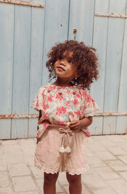 女童粉色碎花棉连衣裙