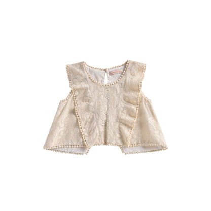 女童奶油白巴洛克蕾丝棉上衣