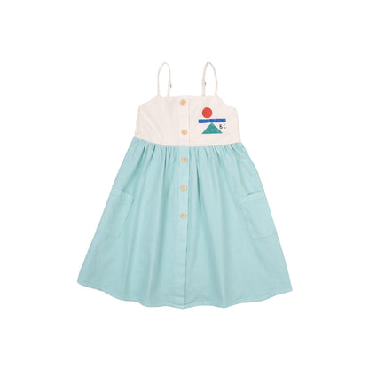女童绿色纽扣棉连衣裙