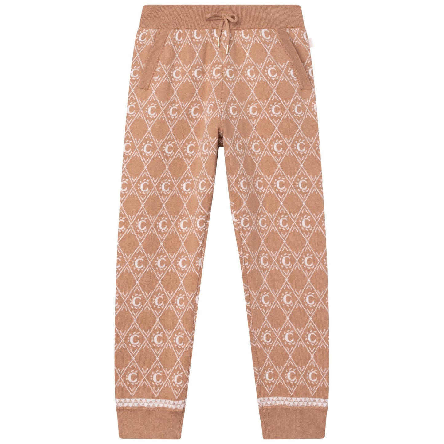 女童米色Logo针织长裤