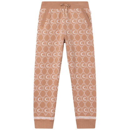 女童米色Logo针织长裤