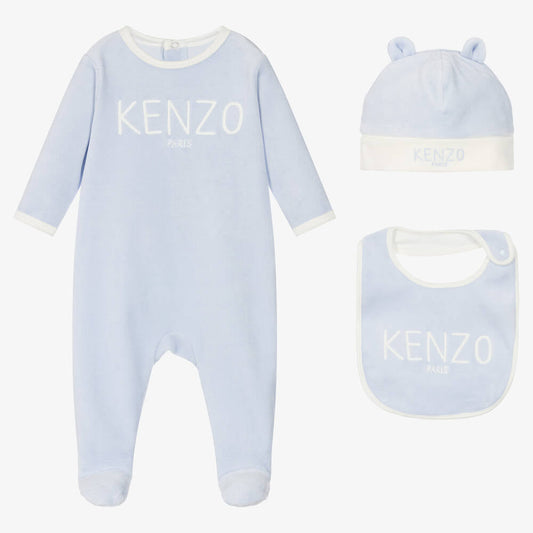 婴儿蓝色丝绒刺绣连体衣套装