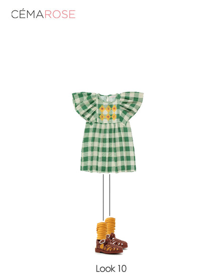 女童绿色格子棉连衣裙