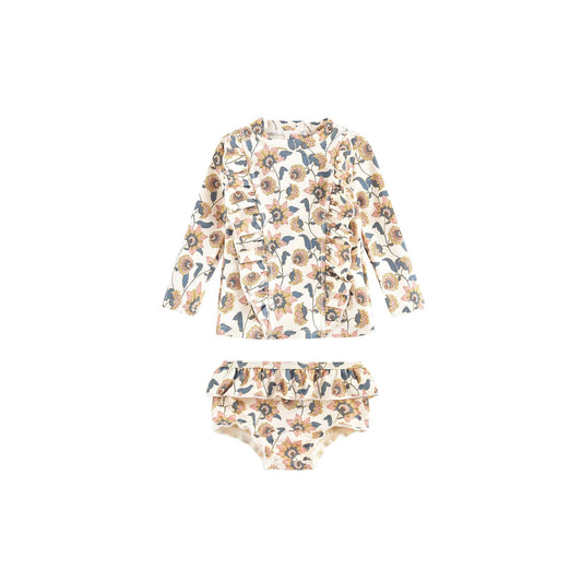 Girls Cream Flowers UV Protective Swimwear Set