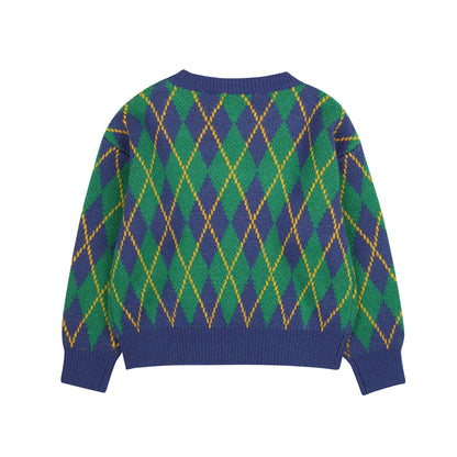 儿童蓝色格子毛衣