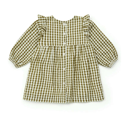 女婴绿色格子刺绣棉连衣裙