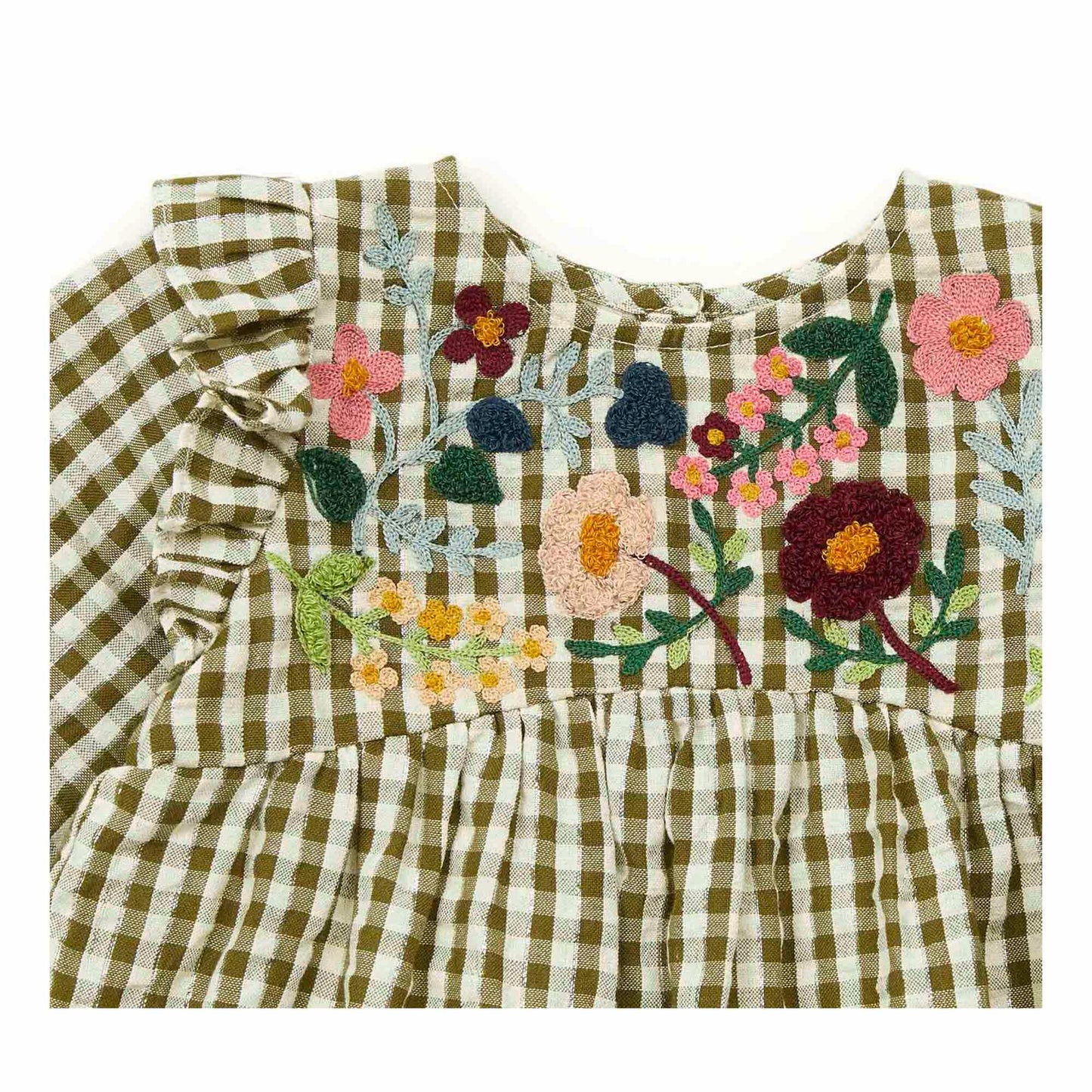 女婴绿色格子刺绣棉连衣裙