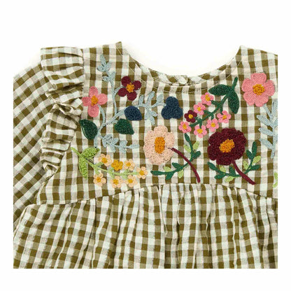 女婴绿色格子刺绣棉连衣裙