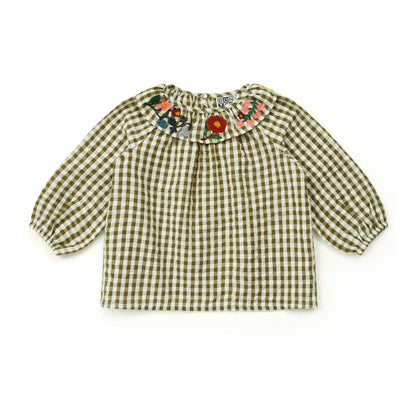 女婴绿色格子刺绣棉上衣