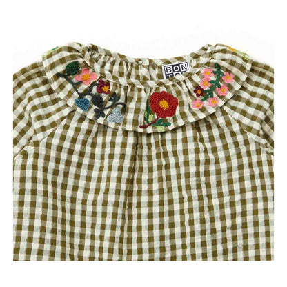 女婴绿色格子刺绣棉上衣