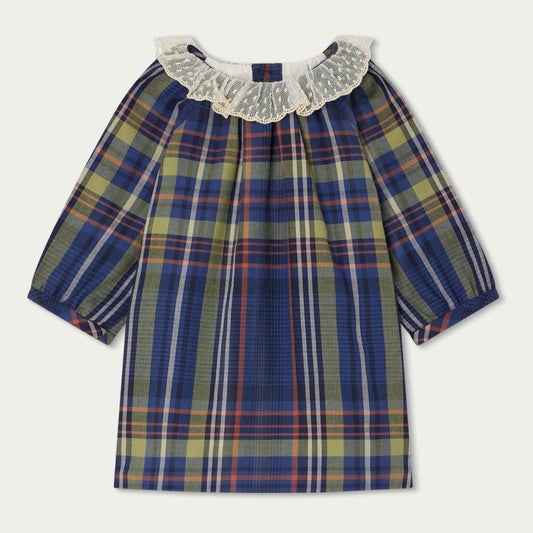 女婴蓝色格子棉连衣裙