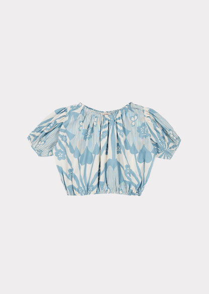 女童蓝色花朵印花棉上衣